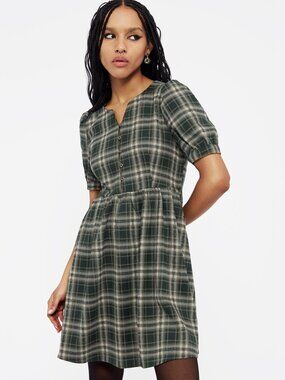 DISTURBIA Tulisa dark cottagecore green check puff sleeve mini dress NWT